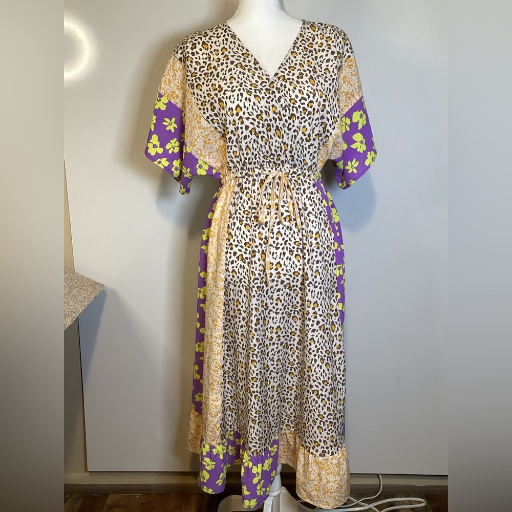 Oddy Boho Patchwork Leopard Floral Print Kimono Dress Tie Waist